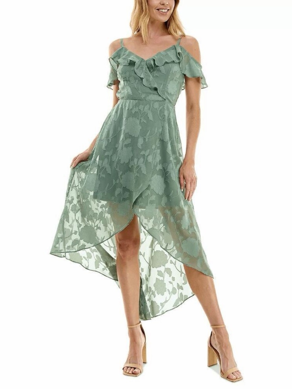 BCX Sage Green High-Low Ruffled V-Neck Dress
